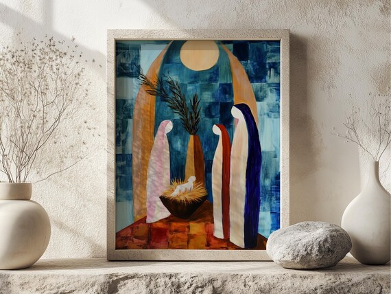 Abstract Nativity Holy Family Manger Modern Blue Gold Art Poster