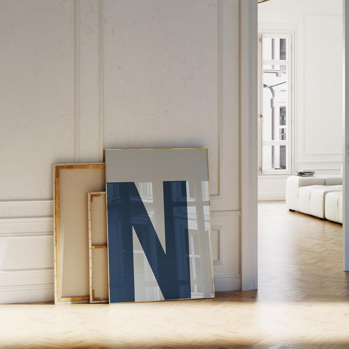 Blue Letter N Typography Print Bold Modern Initial Monogram Decor