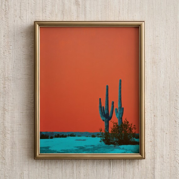 Western Wall Art Vibrant Desert Landscape Print Retro Cactus Artwork Colorful Southwestern Poster Bold Decor