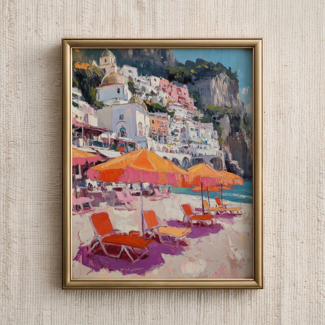 Positano Beach Orange Umbrellas Closeup Oil Painting Art Poster
