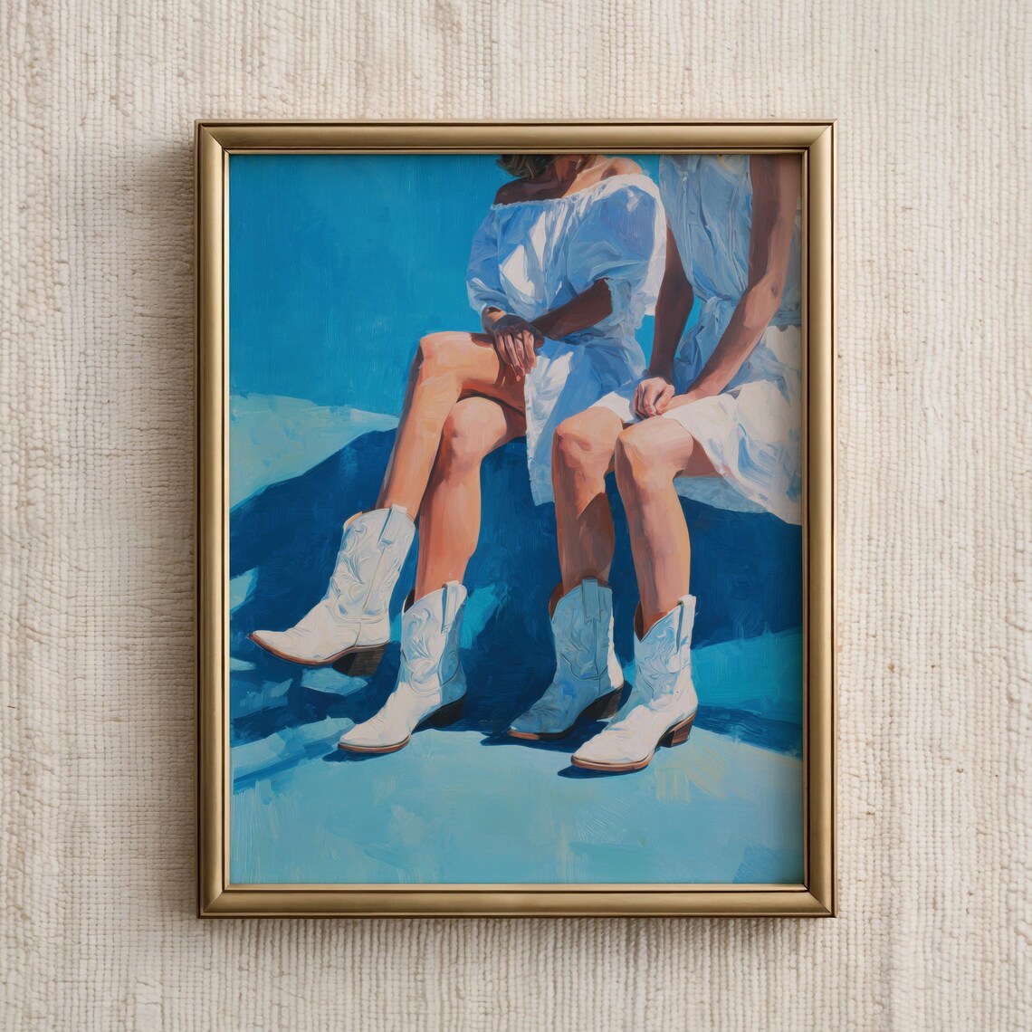 Two Women In White Cowboy Boots Against Vivid Blue Painting Poster