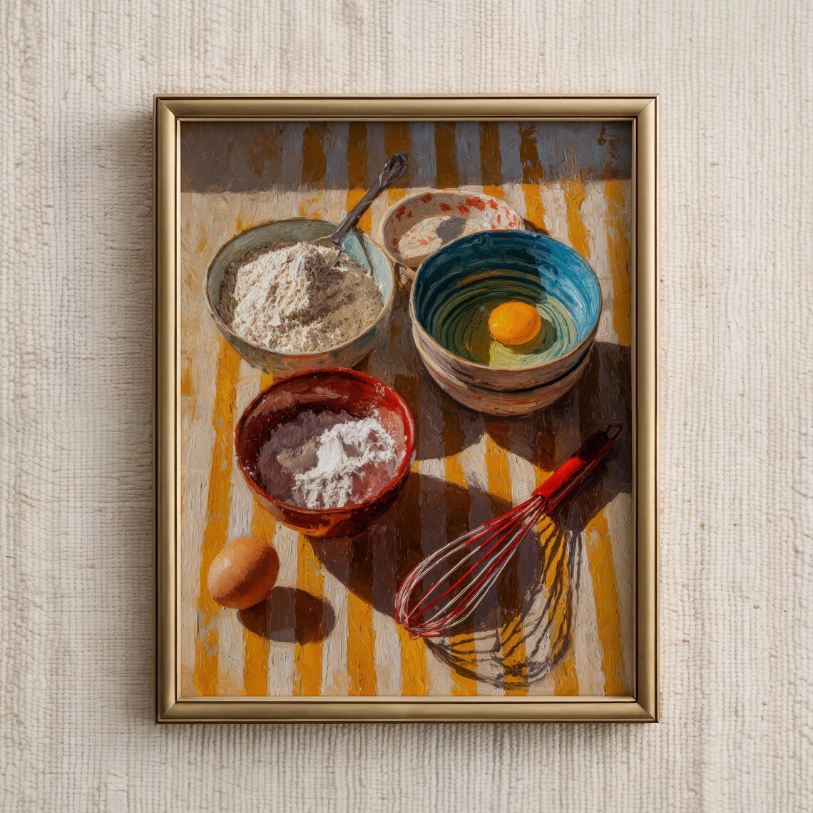 Baking Ingredients Flour Eggs Whisk Rustic Kitchen Oil Painting Poster