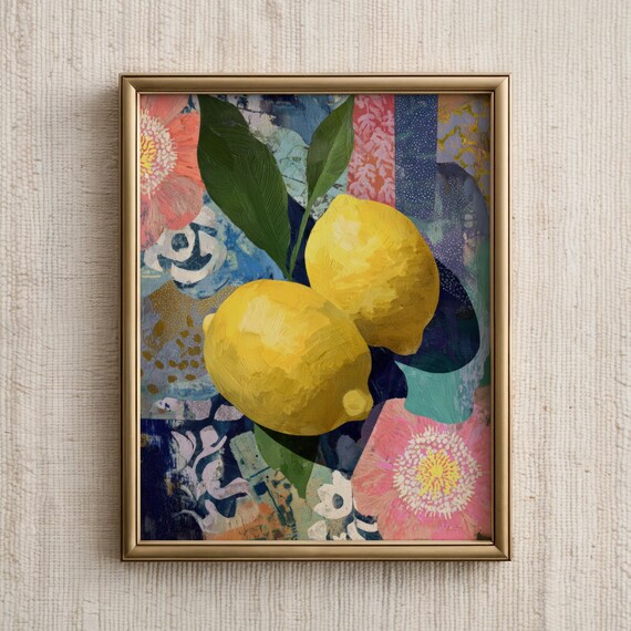 Colorful Lemons and Blossoms Maximalist Still Life Painting Print