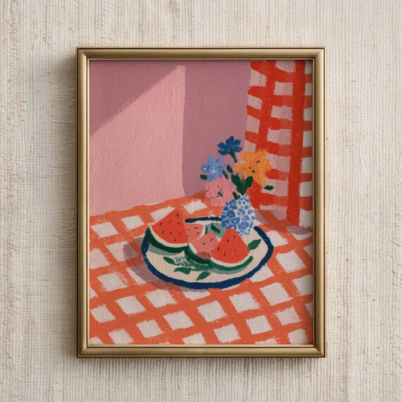 Retro Watermelon Summer Still Life Painting on Gingham Kitchen Poster