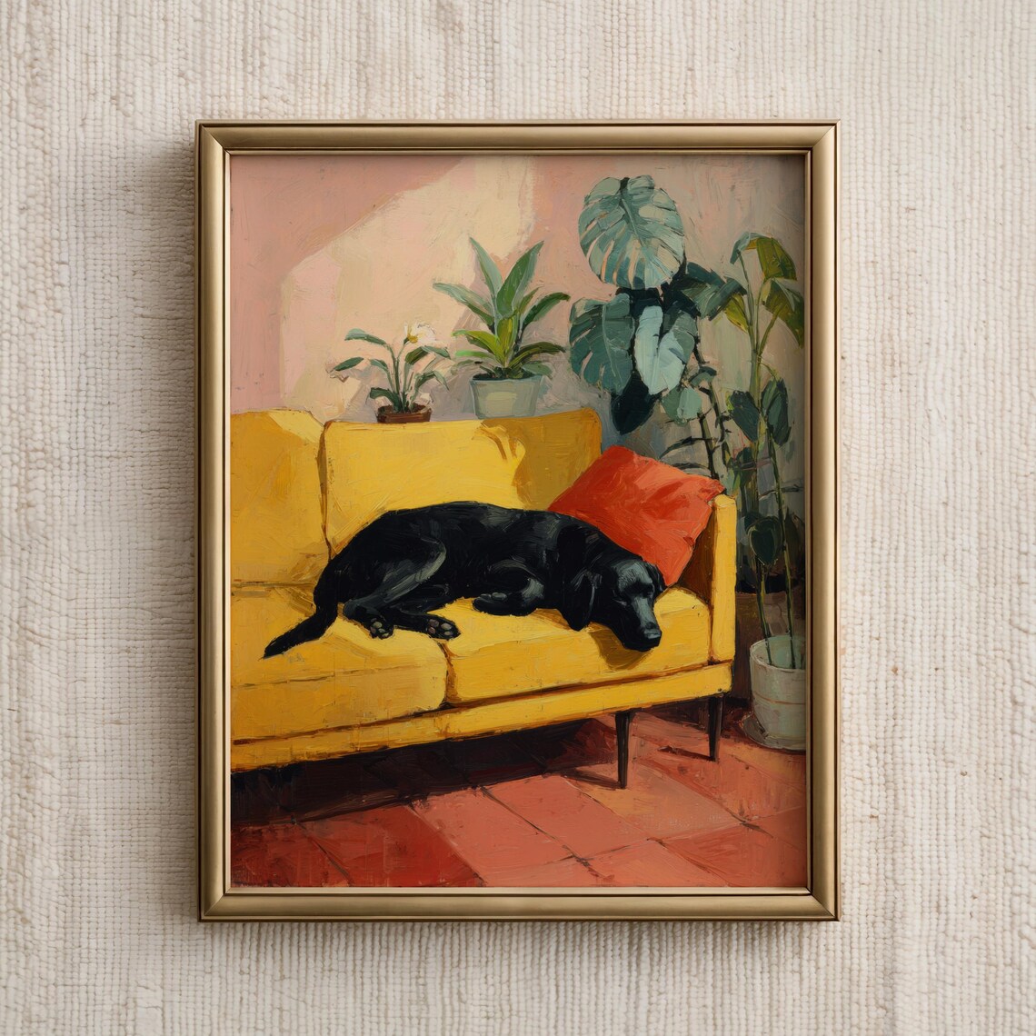 Black Labrador Napping on Yellow Sofa Cozy Dog Painting Print