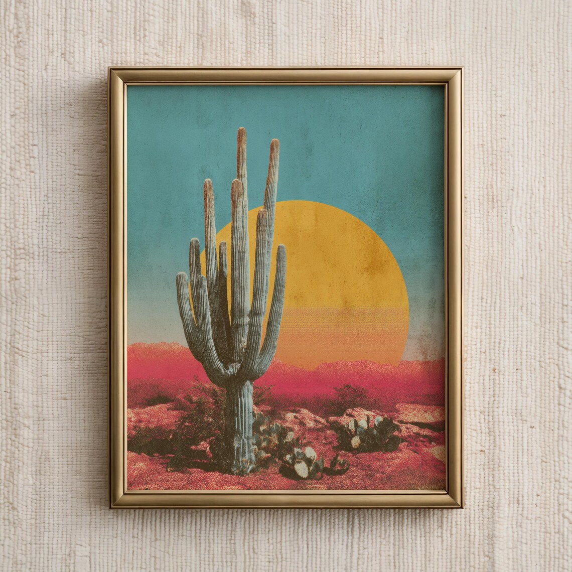 Saguaro Cactus Golden Sun Vintage Retro Desert Travel Poster