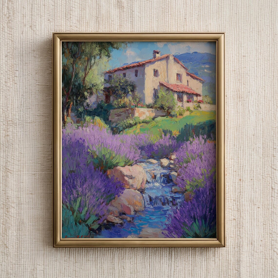 French Lavender Field Farmhouse Stream Romantic Oil Painting Poster