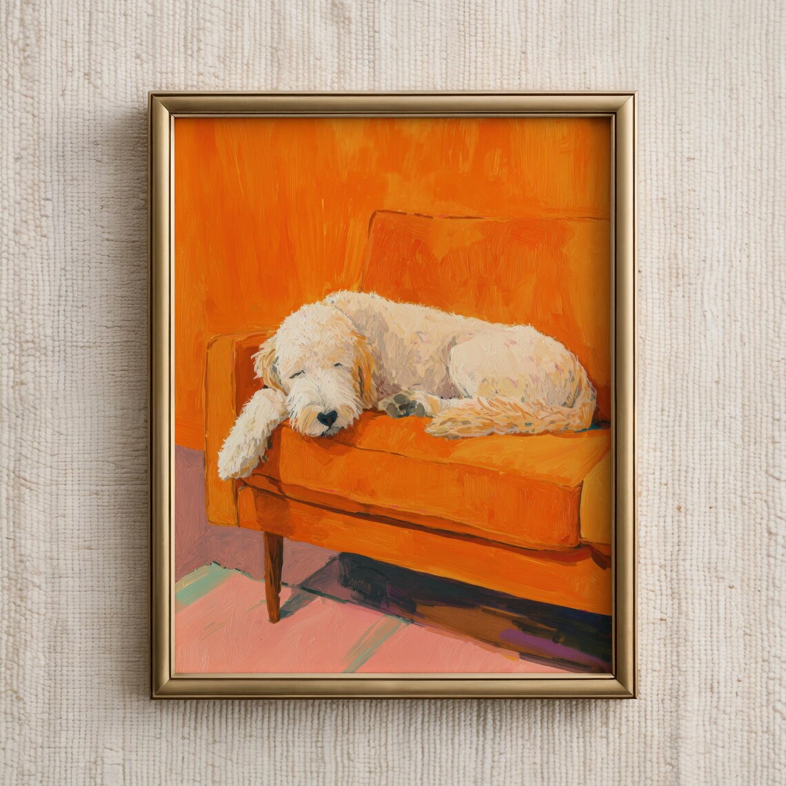 Sleeping Goldendoodle On Orange Couch Cozy Dog Painting Poster