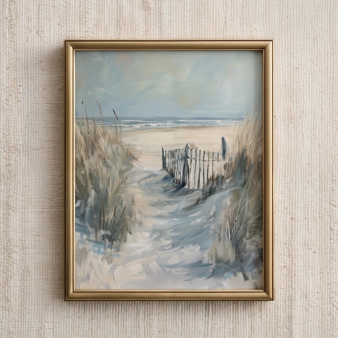 Coastal Dune Path Wooden Fence Neutral Beach Oil Painting Art Print