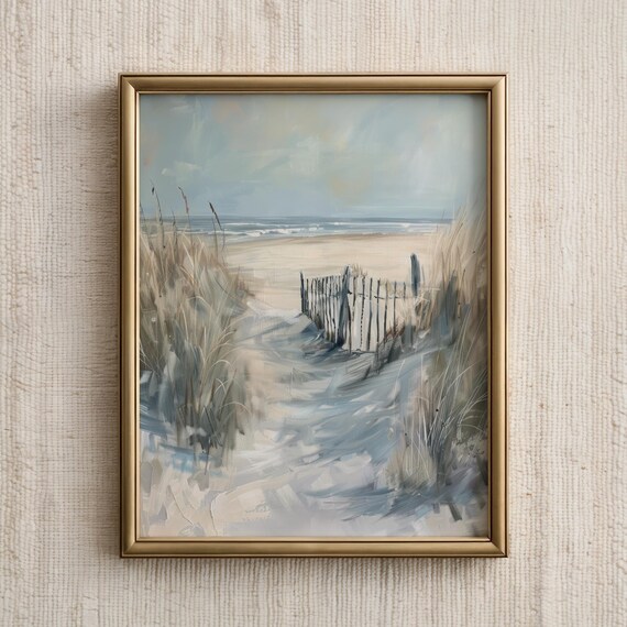 Coastal Dune Path Wooden Fence Neutral Beach Oil Painting Art Print