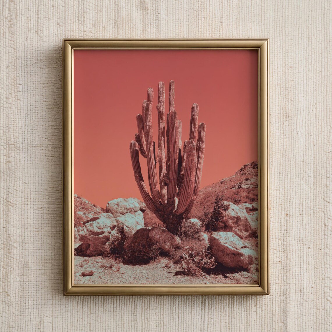 Coral Sky Desert Saguaro Cactus Rocky Landscape Boho Art Print