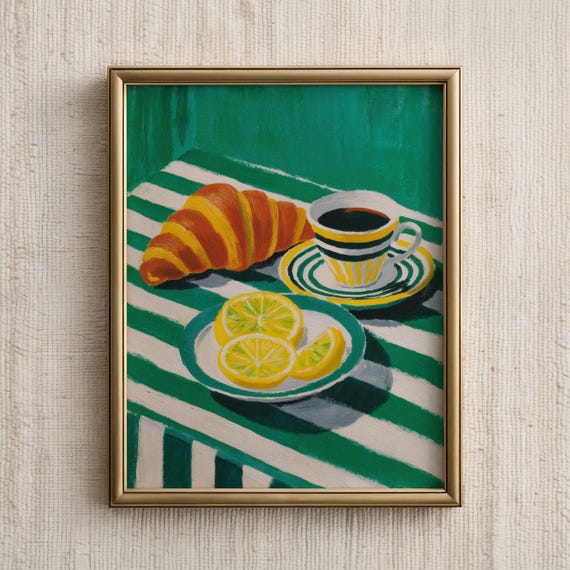 Kitchen Wall Art Minimalist Still Life Print Croissant Coffee Poster Modern Breakfast Painting Cafe Dining Room Decor French Morning