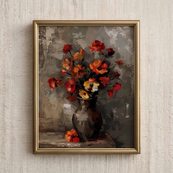 Floral Wall Art Vintage Moody Still Life Painting Muted Vase Of Flowers Neutral Minimal Decor