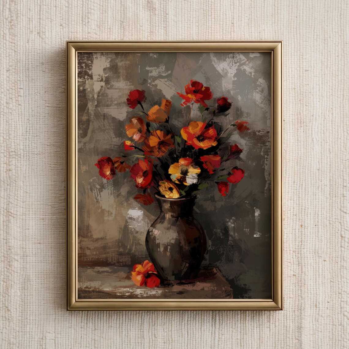 Red Orange Poppies in Dark Vase Moody Still Life Painting Poster