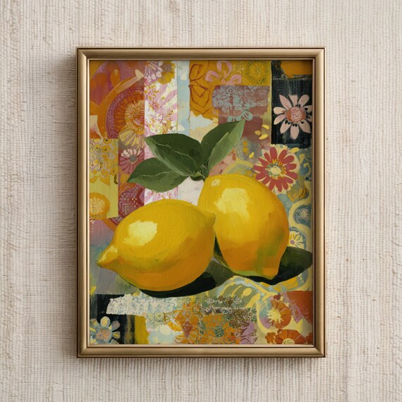 Vibrant Lemon Still Life Oil Painting Poster with Colorful Patchwork
