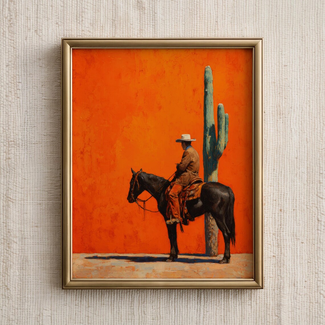 Cowboy on Horse by Saguaro Cactus Orange Western Oil Painting Poster