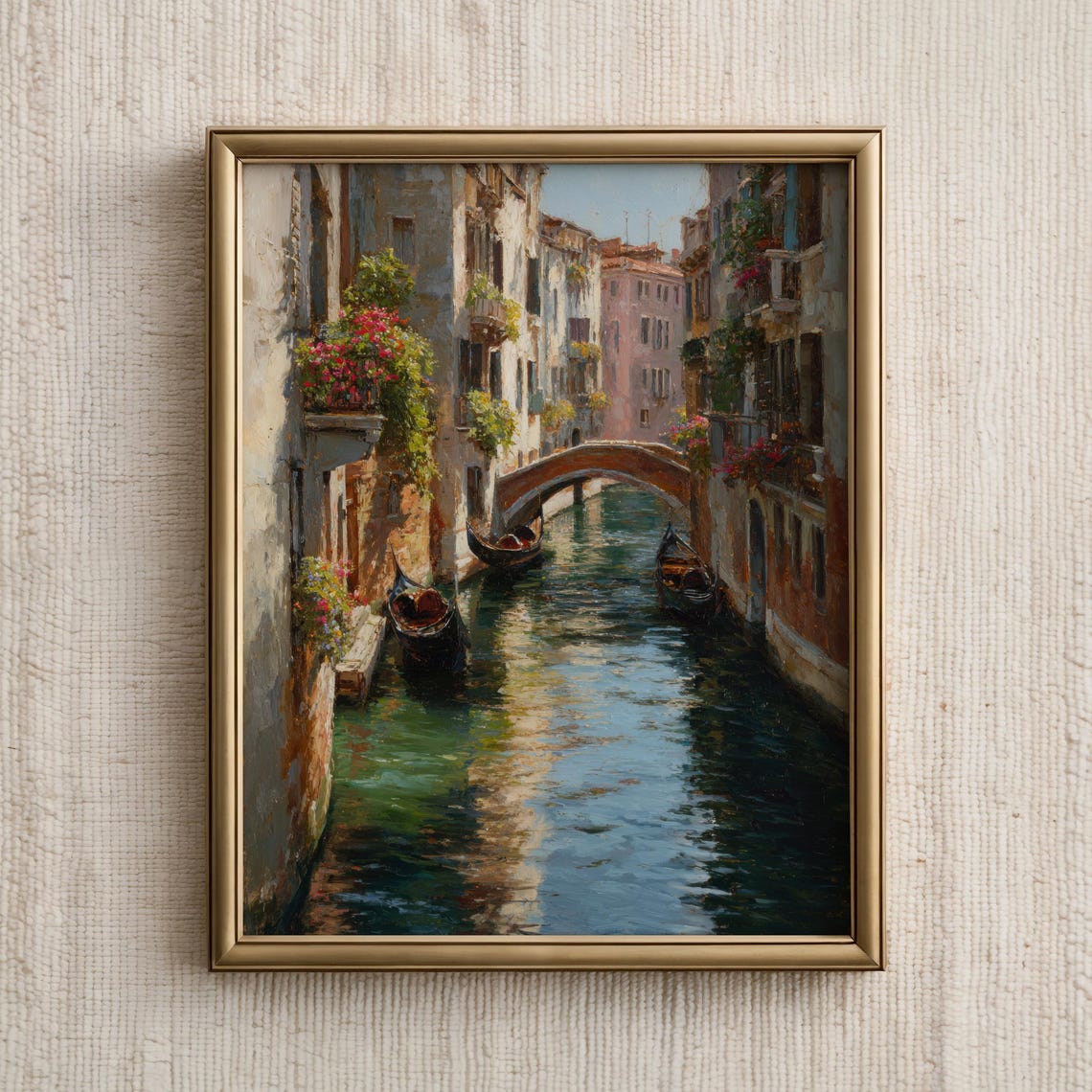Venice Canal Gondolas Flower Balconies Old World Oil Painting Poster