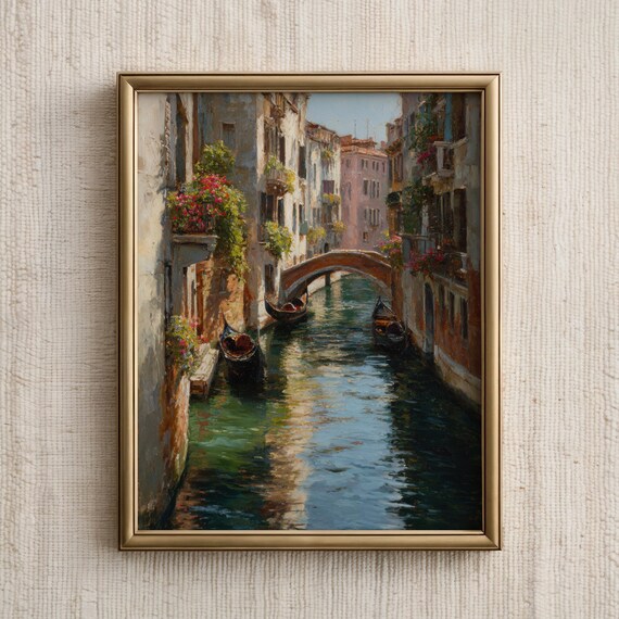 Venice Canal Gondolas Flower Balconies Old World Oil Painting Poster