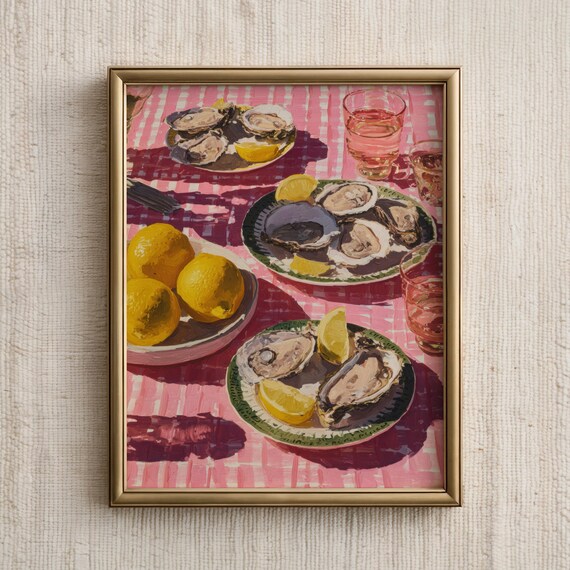 Kitchen Wall Art Retro Italian Oyster Print Maximalist Dining Room Vintage Food Painting Lemon Seafood Poster Bold Summer Decor