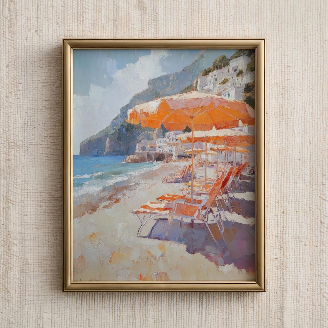 Amalfi Coast Orange Beach Umbrellas Seaside Oil Painting Poster