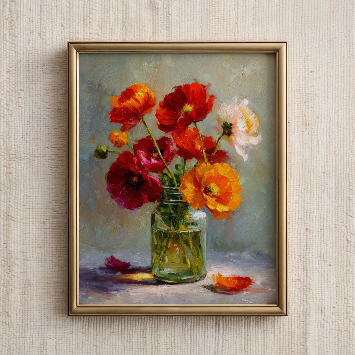 Red Orange Poppies In Glass Jar Vintage Oil Painting Floral Poster