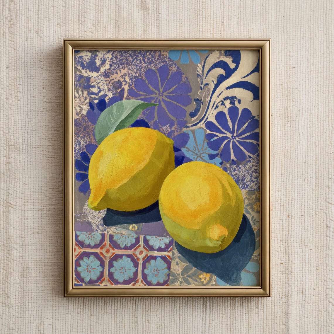 Two Lemons On Blue Patterned Tile Colorful Fruit Painting Print