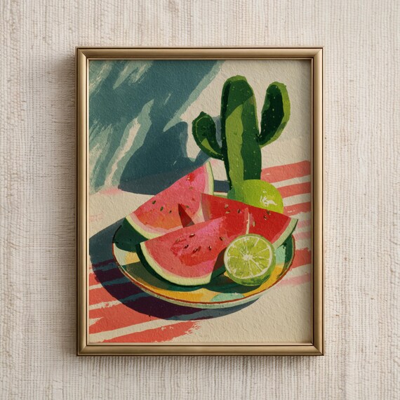 Watermelon Lime Cactus Colorful Summer Kitchen Fruit Art Poster