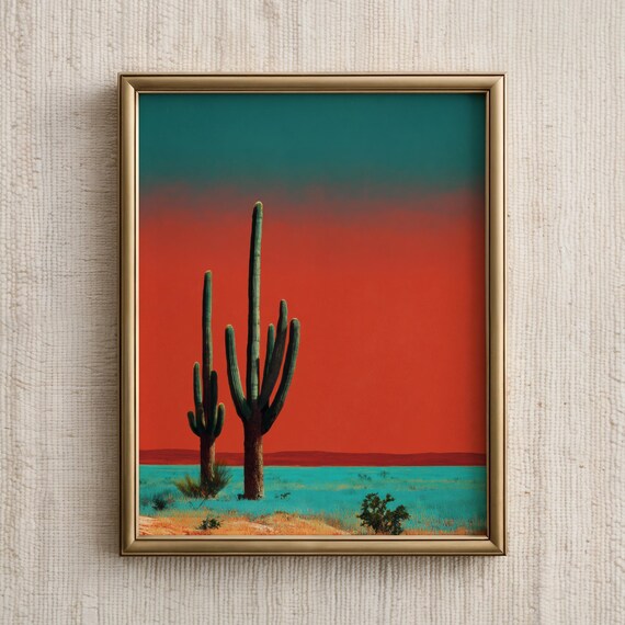 Western Wall Art Vibrant Desert Landscape Print Retro Cactus Poster Colorful Southwestern Artwork Bold Decor