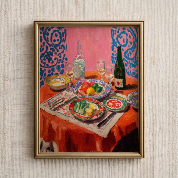 Italian Dinner Table Still Life Wine Bottles Colorful Plates Poster