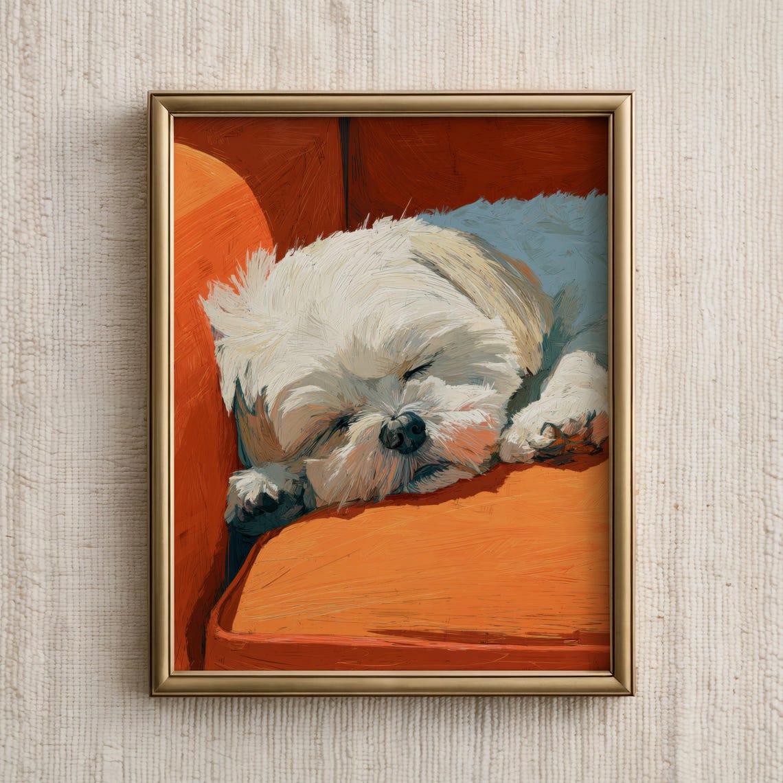 Sleeping White Puppy Painting Curled on Orange Sofa Dog Print