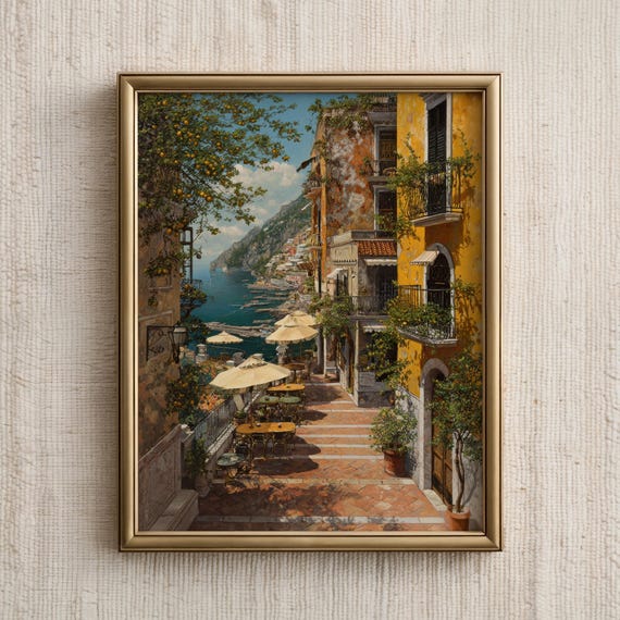Coastal Wall Art Amalfi Street Cafe Print Retro Mediterranean Painting Lemon Tree Decor Italian Artwork