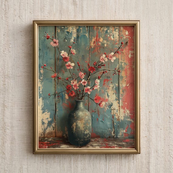 Floral Wall Art Cherry Blossom Branches In Vase Vintage Botanical Rustic Farmhouse Still Life Artwork