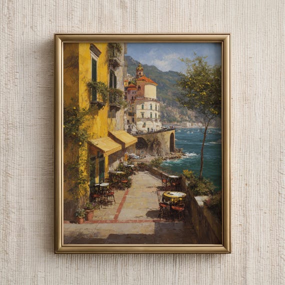 Coastal Wall Art Amalfi Cafe Painting Mediterranean Lemon Print Retro Italy Artwork Decor Seaside