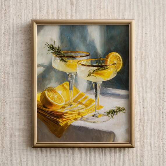 Lemon Rosemary Cocktails Oil Painting Retro Kitchen Bar Wall Poster