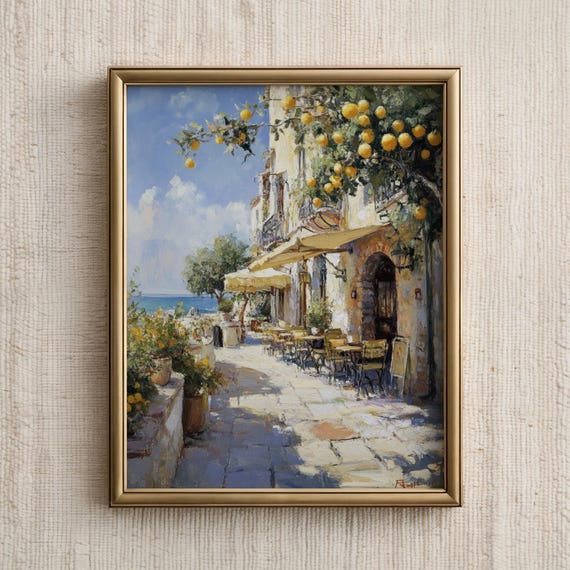 Coastal Wall Art Mediterranean Cafe Painting Amalfi Lemon Tree Retro Seaside Decor Print