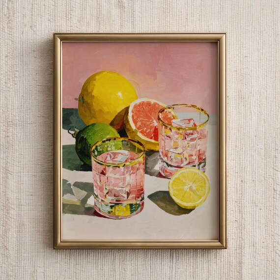 Citrus Cocktail Still Life Pink Drinks Oil Painting Kitchen Poster