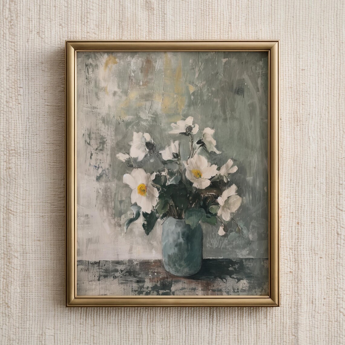 White Blossoms in Blue Vase Muted Vintage Floral Painting Print