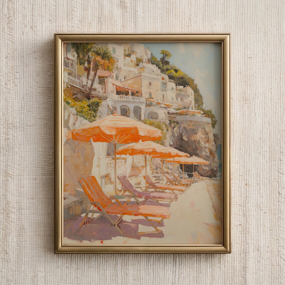 Amalfi Coast Seaside Village Orange Umbrellas Cliff Houses Poster