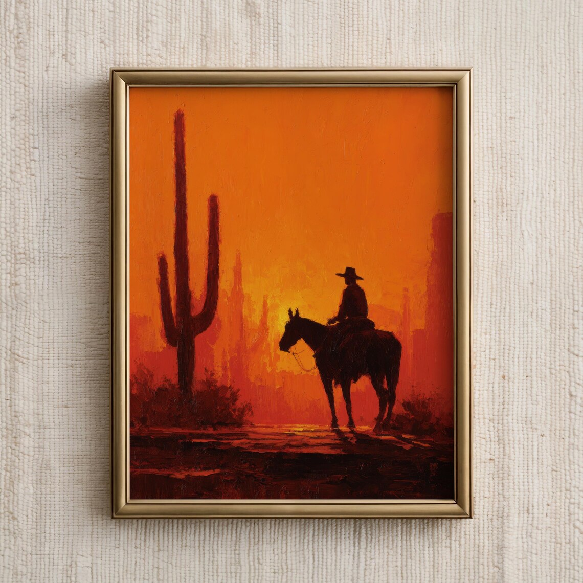 Lone Cowboy On Horseback Desert Sunset Silhouette Western Poster