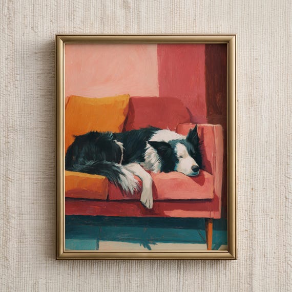 Border Collie Wall Art Sleeping Puppy Poster Pet Portrait Dog Decor Animal Painting Illustration