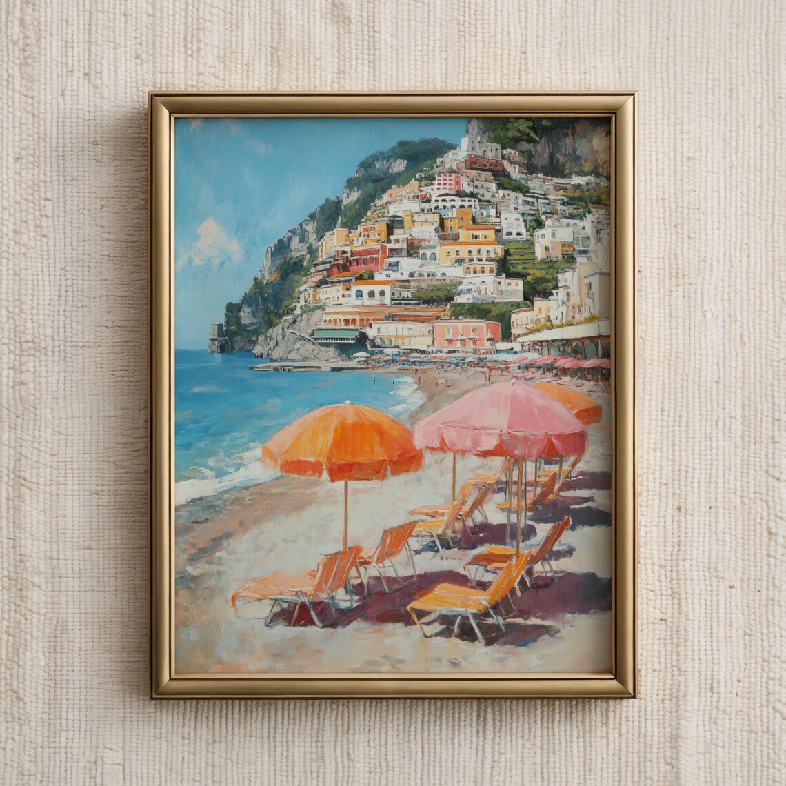 Amalfi Beach Umbrellas Hillside Town Summer Italy Art Poster