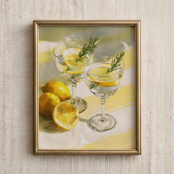 Kitchen Wall Art Cocktail Print Retro Lemon Rosemary Drink Poster Bar Decor Citrus Beverage Illustration Fresh Dining Room Artwork
