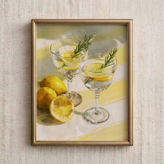 Lemon Rosemary Citrus Cocktail Still Life Watercolor Kitchen Bar Poster