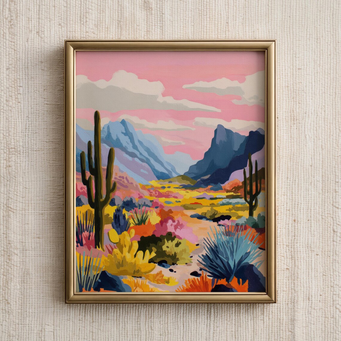 Colorful Pink Sky Desert Cactus Mountains Boho Southwestern Art Poster