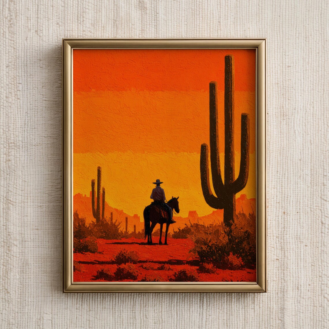 Cowboy on Horseback Desert Sunset Cactus Retro Western Art Poster