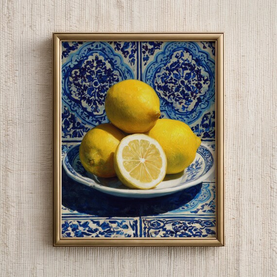 Kitchen Wall Art Lemon Print Still Life Fruit Poster Retro Colorful Food Maximalist Decor Bold Mediterranean Style