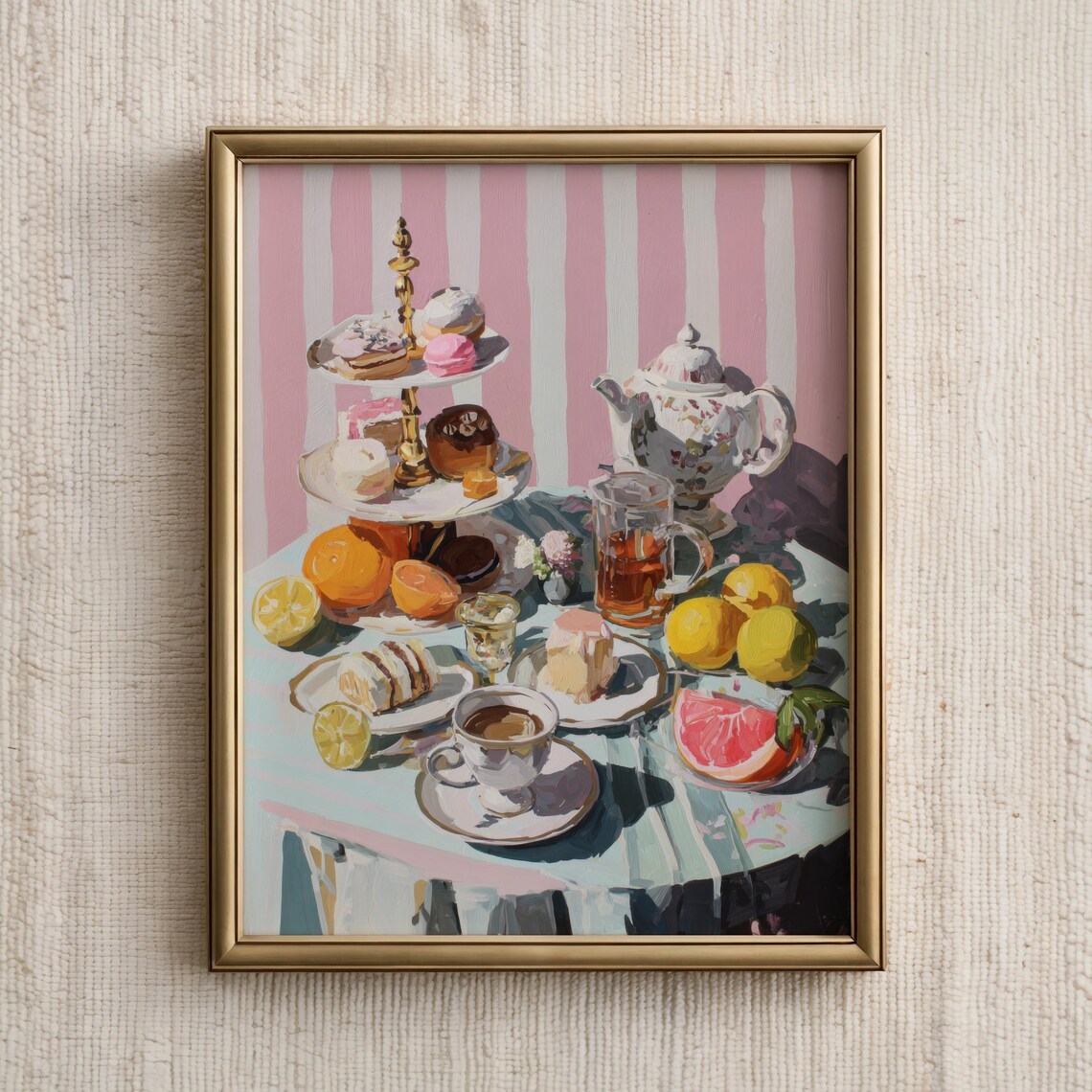 Pink Afternoon Tea Party Painting with Pastry Table Wall Art