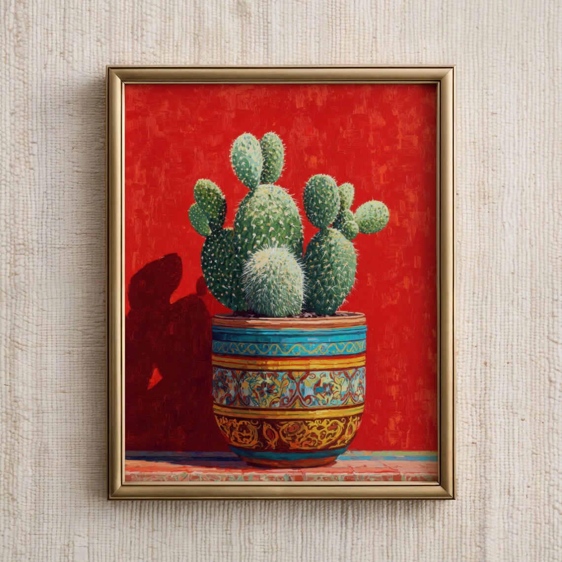 Prickly Pear Cactus In Decorative Talavera Pot Red Painting Poster