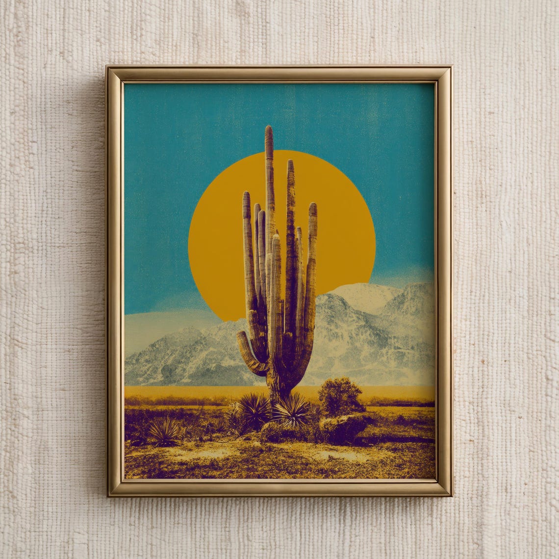 Retro Saguaro Cactus Golden Sun Teal Sky Desert Vintage Art Poster