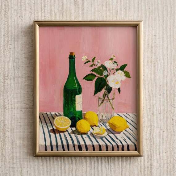 Lemon Bottle White Flowers Pink Still Life Summer Kitchen Poster